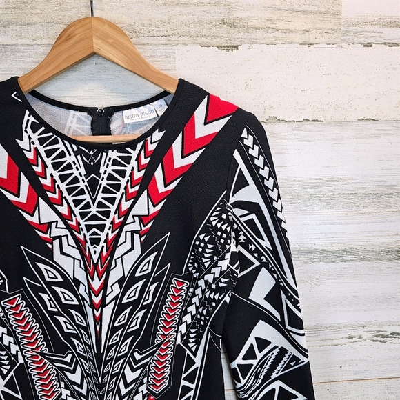 Bisou Bisou Michele Bohbot Geometric Print Bodycon Dress Black Red White 10 - Picture 13 of 16